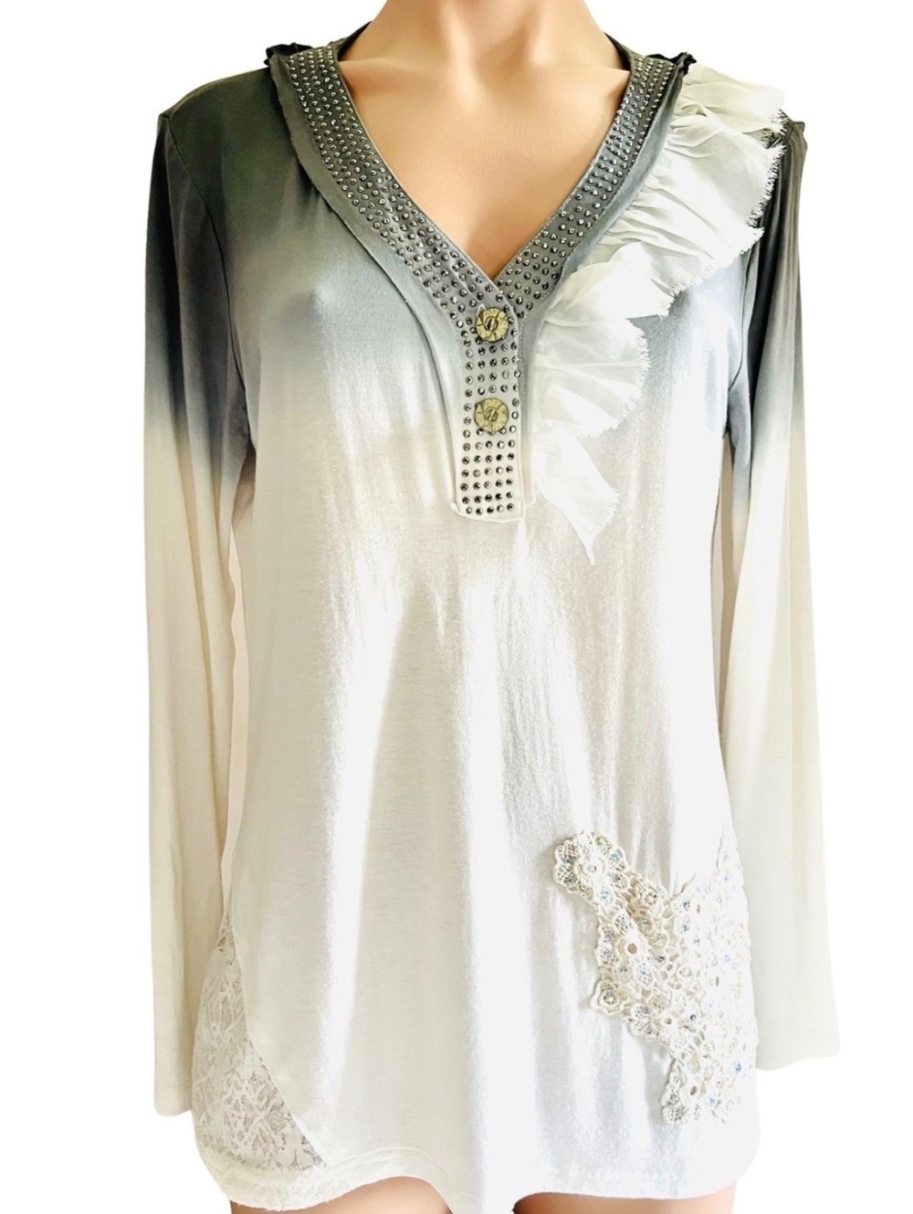 Panitti Women's Medium Lace Ruffle Studded Boho Chic Long Sleeve Top